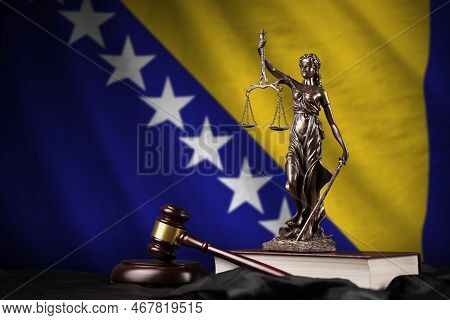 Bosnia And Herzegovina Flag With Statue Of Lady Justice, Constitution And Judge Hammer On Black Drap