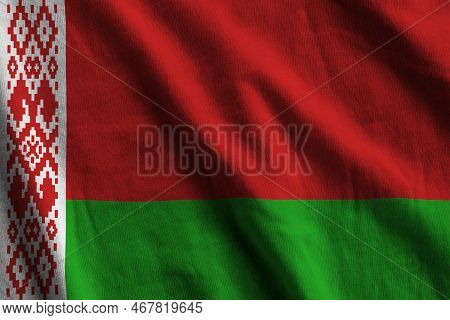 Belarus Flag With Big Folds Waving Close Up Under The Studio Light Indoors. The Official Symbols And