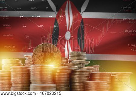 Kenya Flag And Big Amount Of Golden Bitcoin Coins And Trading Platform Chart. Crypto Currency Concep
