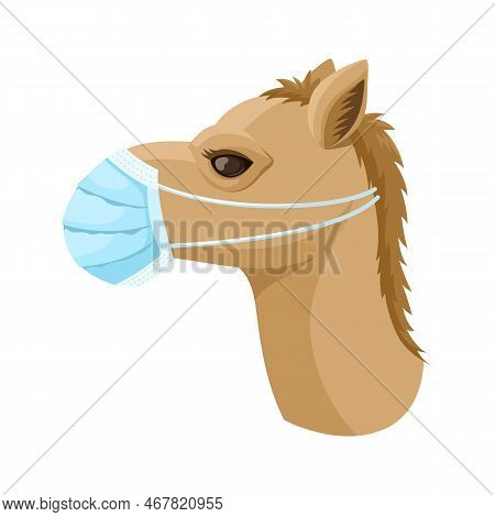 Camel In A Medical Mask Side View. Vector Illustration On The Theme Of Camel Flu And Coronavirus.