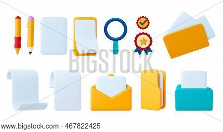 Office 3d Icons, Plastiline Design. Isolated Email, Data Folders And Empty Receipt Or Bill Templates