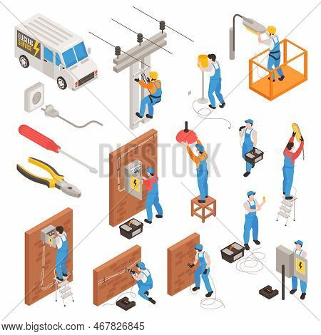 Electrician Isometric Icons Set With Maintenance And Service Symbols Isolated Vector Illustration