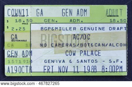 Daly City, California - November 11, 1988 - Old Used Ticket For The Concert Of Ac-dc At The Cow Pala