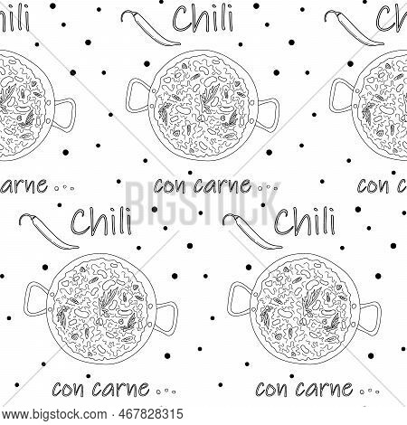 Seamless Pattern Of Chili Con Carne In Large Pot And Inscription And Chili Peppers On The Background