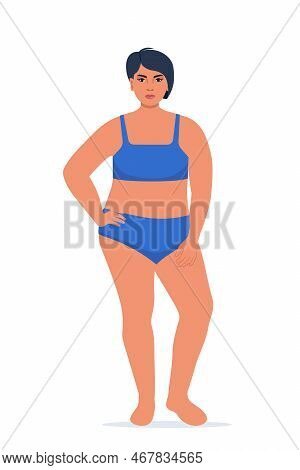 Body Positive Woman In Underwear. Plus Size Female Character. Attractive Curvy, Overweight Girl. Ove