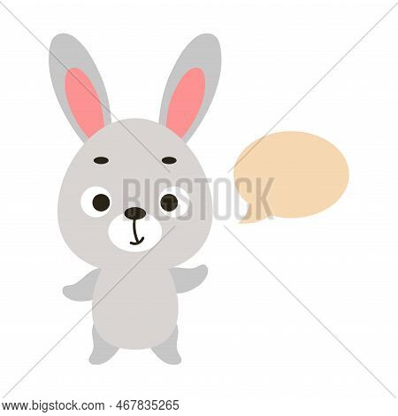 Cute Little Bunny With Speech Bubble On White Background. Cartoon Animal Character For Kids T-shirt,