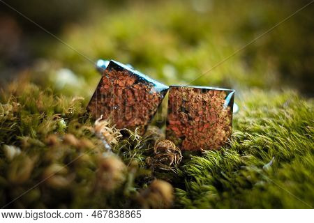 Close Up Handmade Cufflinks With Lichen And Epoxide Resin Concept Photo. Front View Photography With