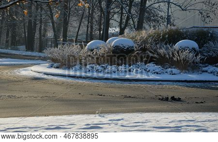 Roundabout Of Paving Gray Granite Cubes, Transport Hub, With Flowers And Grasses In The Middle Of Th