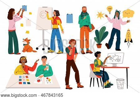 Team Work People. Bright Creative Guys And Girls. Young Colleagues. Office Teamwork. Professionals C