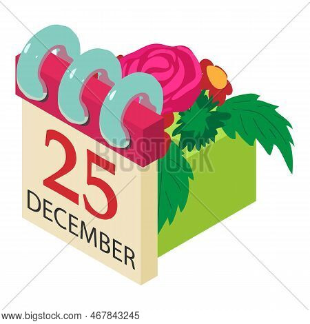 Catholic Christmas Icon Isometric Vector. Calendar And Flower Bouquet On Giftbox. Religious Holiday,