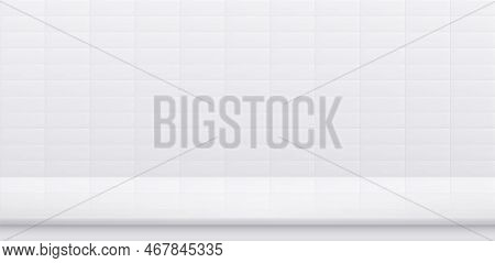 White Bathroom Tile Wall With White Stone Table Top, Clean Ceramic Surface With Empty Desk For Produ