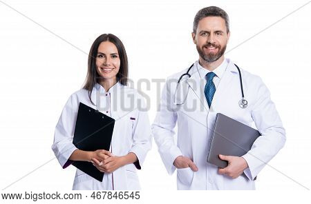 Hapy Doctor With Internist In Studio. Photo Of Doctor And Internist Wear White Coat.
