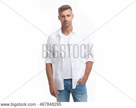 Studio Shot Of Adult Grizzled Man. Mature Grizzled Man Isolated On White Background.