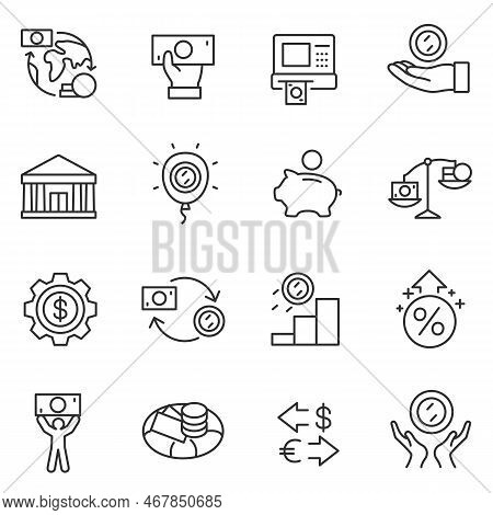 Economy Icons Set. Cash Operations, Finance And Currency Exchange. Line With Editable Stroke