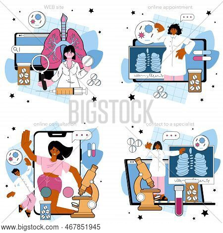 Tuberculosis Specialist Online Service Or Platform Set. Human Pulmonary