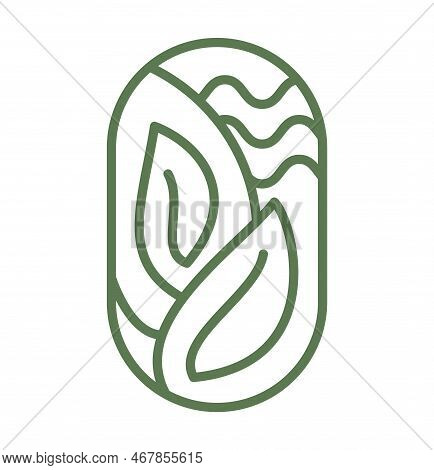 Vector Tea Green Leaves. Lines For Farm Product Label Eco Logo Organic Plant Design. Round Bauer Emb