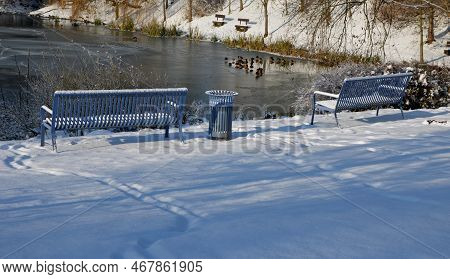 Park Benches In Light Blue Made Of Metal Strips Similar To A Lattice. Trash Can And Beautiful Lawn W