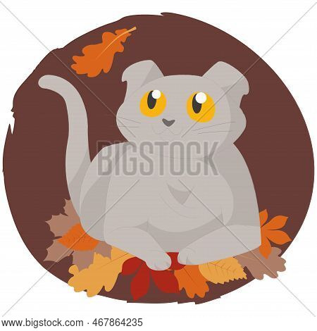 Cute Cat In Leaves Flat Style. Vector Illustation