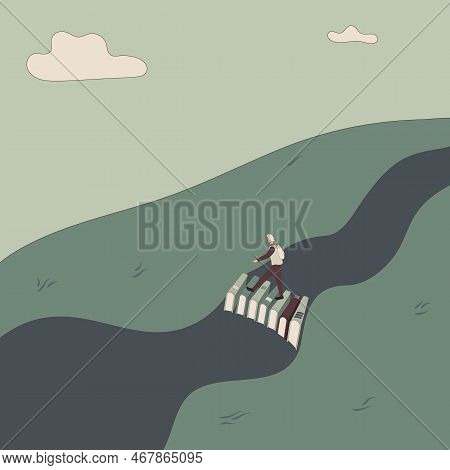 Concept: Book Is Source Of Knowledge.tiny Man Crosses River On Bridge Consisting Of Books. Book As A