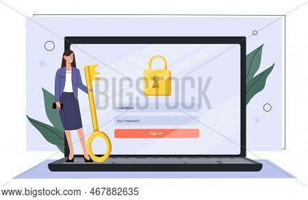 Login To Computer. Woman With Golden Key Standing Near Laptop. Authentication And Verification, Secu