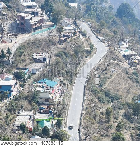 Aerial Top View Of Traffic Vehicles Driving At Mountains Roads At Nainital, Uttarakhand, India, View