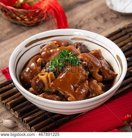Taiwanese Traditional Food Pork Knuckle In A Bowl For Chinese Lunar New Year Meal.
