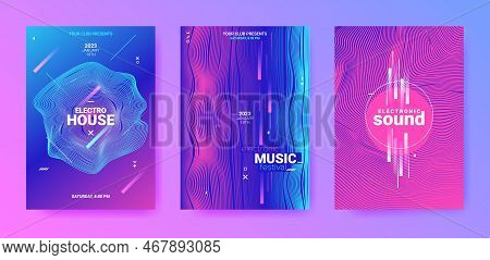 Dance Posters Set. Electronic Sound Cover. Techno Music Flyer. Vector Dj Background. Abstract Dance 
