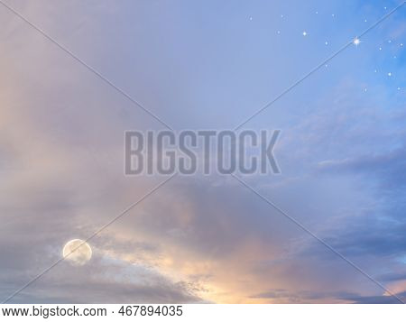 Mubarak Ramadan Month Muslim Islamic Moon Symbols,moon And Star On Night Sky Dusk Orange Pink Blue E