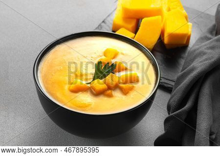 Vegan Curried Pumpkin Lentil Soup Puree In A Bowl. Space For Text. Pescatarian Eating, Flexitarian E