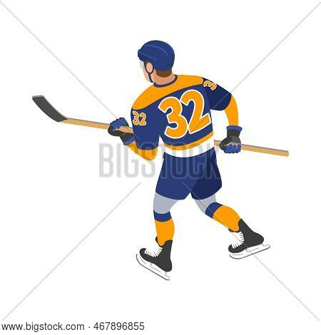 Ice Hockey Isometric Composition With Isolated Human Character In Uniform On Blank Background Vector