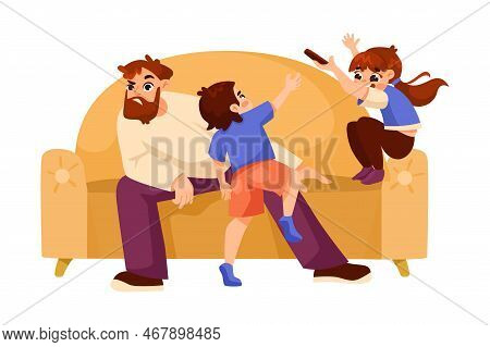 Tired Dad On Sofa With Naughty Capricious Son And Daughter Vector Illustration