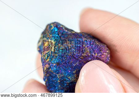 Woman Hand Holding Shiny Rainbow Crystal Peacock Ore Or Bornite (chalcopyrite) On Light Background C