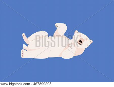 Polar Bear Lies On Its Back With Raised Paws, Flat Vector Illustration Isolated.