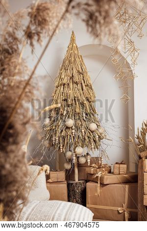 Christmas New Year Eco Tree From Wheat And Rye Ears And Other Craftmade Decoration