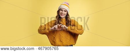 Girl Brings Peace Love Show Heart Gesture Tilting Head Friendly Smiling Expressing Sympathy Passion 