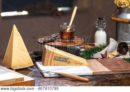 July 12 2022, Lyon, France : Tasted Famous Swiss Cheese : Le Gruyère D'alpage With Milk And Honey Fo