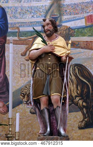 Groznjan, Croatia - June 04, 2012: Saint Modestus, Statue On The Main Altar In The Parish Church Of 