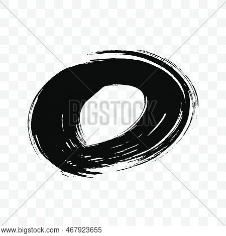 Black Grunge Brush Stroke In Circle Form. Painted Ink Circle. Ink Spot Isolated On Transparent Backg