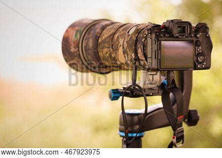 Digital Camera With Telephoto Lens Ready To Capture Wildlife