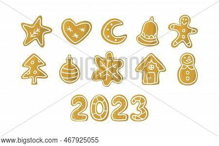 Gingerbread Set With Different Shaped Christmas Cookies. Vector Clipart Illustration.