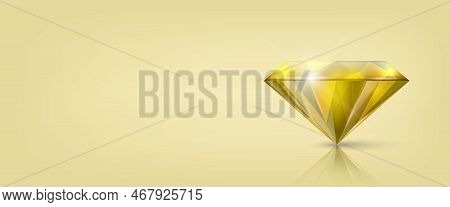 Vector Horizontal Banner With 3d Realistic Yellow Transparent Triangular Glowing Gemstone, Diamond, 