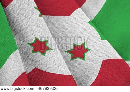 Burundi Flag With Big Folds Waving Close Up Under The Studio Light Indoors. The Official Symbols And