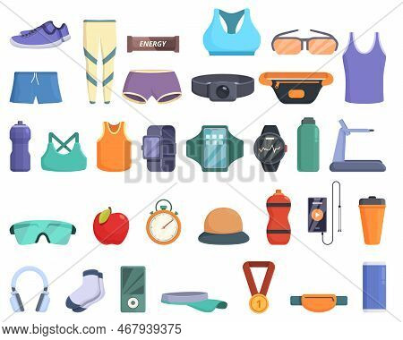 Running Accessories Icons Set Cartoon Vector. Wrist Pedometer. Walk Fit