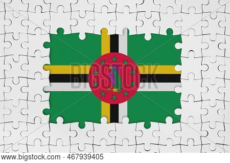 Dominica Flag In Frame Of White Puzzle Pieces With Missing Central Parts