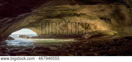 Arniston, South Africa - Sep 22, 2022: Panorama View Of The Inside The Waenhuiskrans Cave Near Arnis