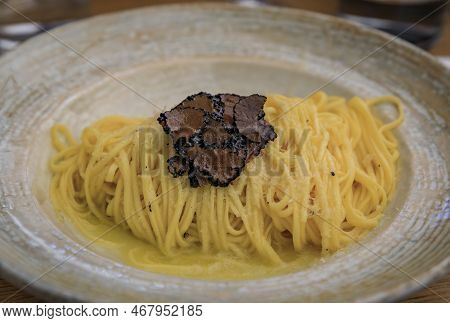 Fresh Pasta With Truffle Sauce, Parmesan Cheese At A Restaurant, Florence, Italy
