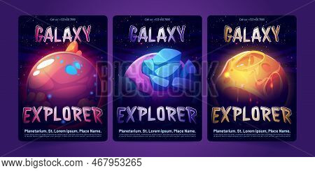 Set Of Planetarium Banner Templates. Cartoon Vector Illustration Of Alien Planets Glowing With Neon 
