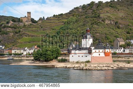 Kaub, Germany - October 5, 2021: Panoramic Image Of Castle Pfalzgrafenstein Close To The Rhine River
