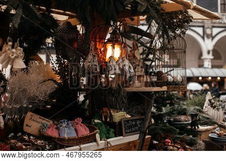 Dresden, Saxony, Germany, 10 December 2022: Christmas Medieval Outdoor Market Stall Decorations With