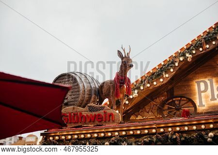 Dresden, Saxony, Germany, 10 December 2022: Christmas Outdoor Market Stall Decorations With Fairy C 